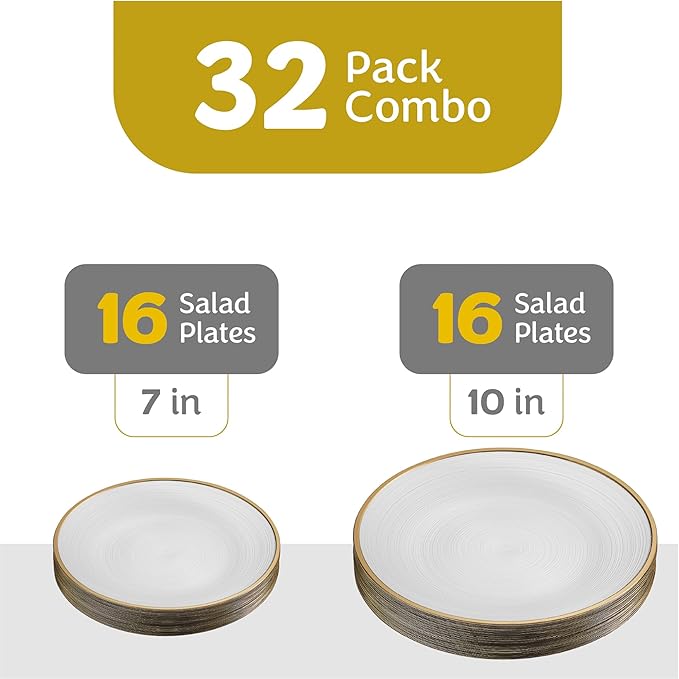 PLASTICPRO 32 Pieces Crystal Design Plastic Plates Combo Pack 7 inch and 10 inch Gold Rim Elegant Disposable Plates, Pearl White