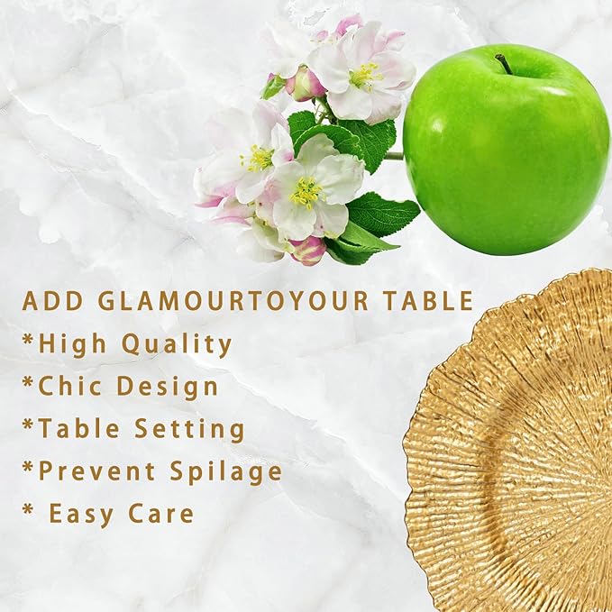 MDH 100 Pcs Charger Plates Bulk 13 Inch/Gold Plate 13 in Round Matte Reef Plate Ruffled Rim Dinner Charger Hollow out Flower Holde (100)
