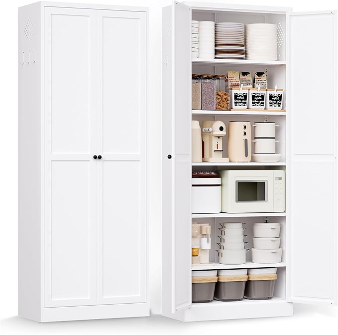 72" Metal Storage Cabinet, Large Capacity Pantry Cabinet with 6-Tier, Kitchen Storage Cabinet with 2 Doors and 5 Adjustable Shelves for Home, Kitchen, Dining, Living Room (White)