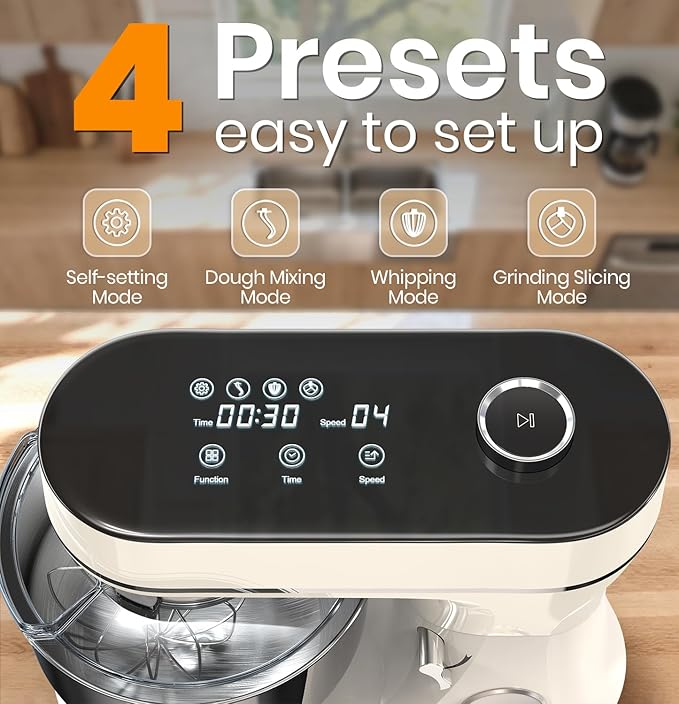 Stand Mixer 6QT Kitchen Mixer with LED Smart Touchscreen, 11-Speed Tilt-Head Mixer with Timer, 4 Preset Menus, Stainless Steel Bowl, Dough Hook, Whisk, Beater,White