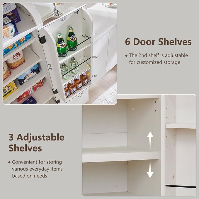 71" Tall Arched Bookcase with Doors, Morden Fluted Bookshelf w/Storage & 3 Adjustable Shelves, 6 Door Shelves,Wooden Standing Versatile Cupboard for Home Office, Living Room, Antique White