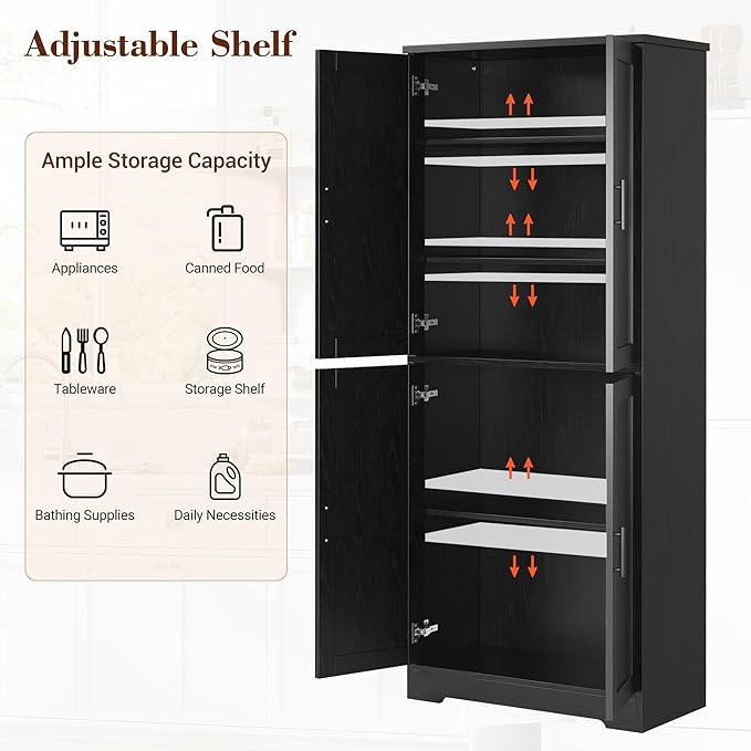 IDEALHOUSE Pantry Cabinet,70" Tall Kitchen Pantry Cabinet with 4 Doors and 3 Adjustable Shelves, Freestanding Cupboard, Modern Storage Cabinet for Bathroom, Dining Room, Living Room, Black