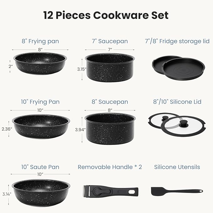 12 Pcs Pots and Pans Set, Nonstick Kitchen Cookware Sets Detachable Handle, Induction Healthy Non Stick RV Cookware, Dishwasher 竊?Oven Safe, Black