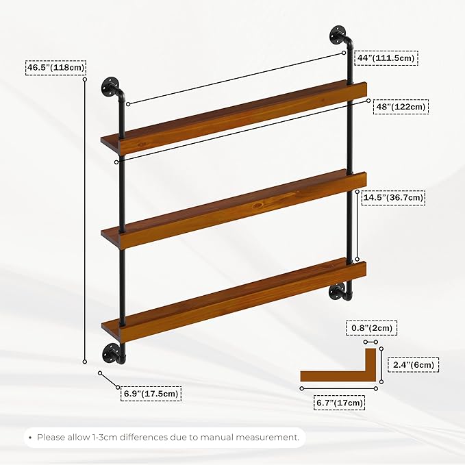 Industrial Wine Rack Wall Mounted, Solid Wood Shelf with Metal Pipe Brackets, 3-Tier Rustic Hanging Organizer for Wine Bottle Storage in Kitchen, Bar, Pub, Cellar(Walnut Brown, 48 Inch)