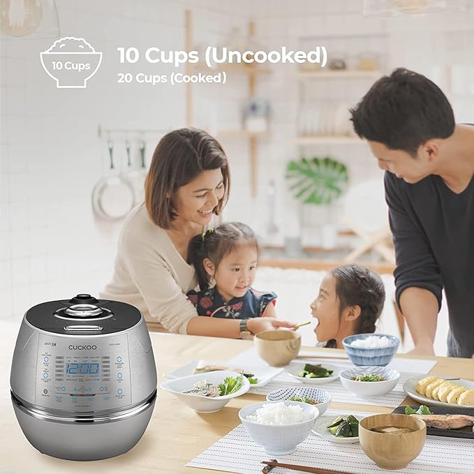 CUCKOO High Pressure Rice Cooker 10-Cup Uncooked / 20-Cup Cooked with Induction Heating Technology, Large Rice Maker with 17 Menu Options and Steam Plate, Voice Guide, Silver (CRP-CHSS1009FN)