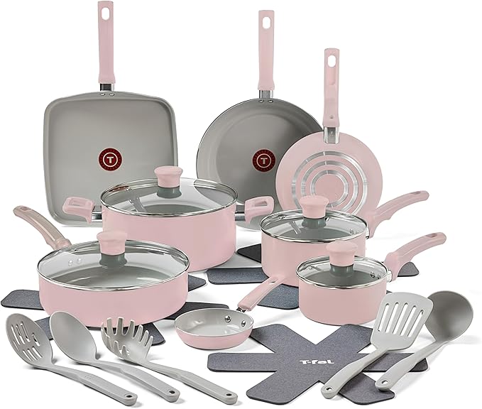 T-Fal Refresh Ceramic Pots and Pans Set, Nonstick Cookware, 20-Piece, Oven Safe to 350째F, Ceramic Cookware Set, Stockpot, Griddle, Frying Pans, Utensils, Dusty Rose
