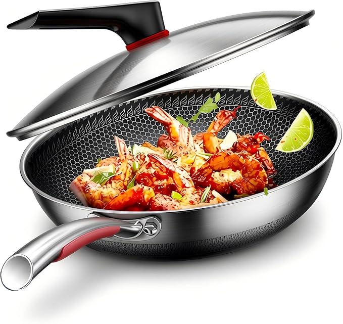 MEGOO 12 inch Stainless Steel nonstick wok with lid | Honeycomb wok & stir-fry pan | induction wok Compatible with All Cooktops | Dishwasher Safe | PFOA/PFA-Free