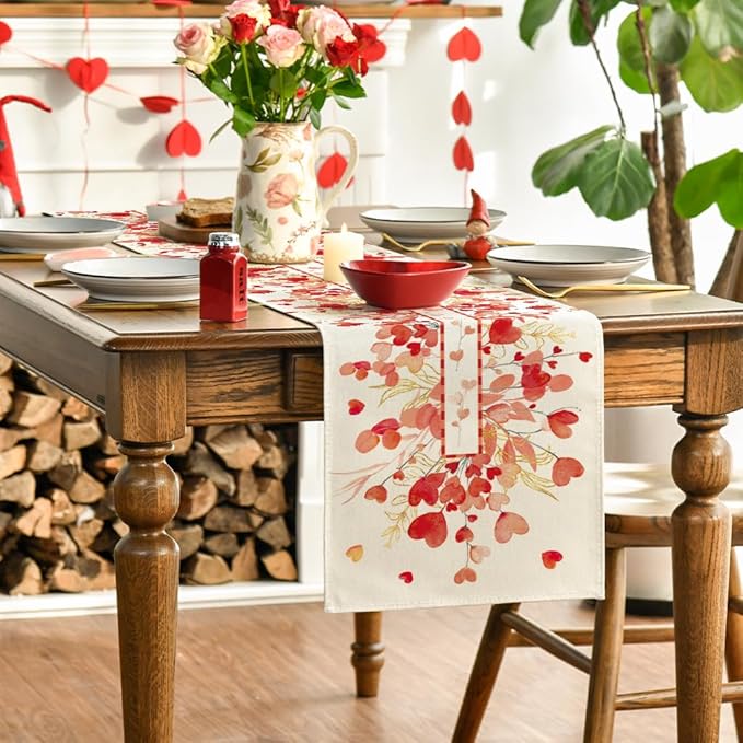 Artoid Mode Red Heart Branch Table Runner, Seasonal Leaf Kitchen Dining Table Decoration for Home Party Decor 13x72 Inch