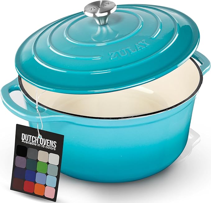 Zulay Kitchen 7.7 Quart Enameled Cast Iron Dutch Oven Pot with Lid ??Premium Durability & Oven Safe up to 500째F ??Heavy Duty Cookware Perfect for Bread Baking, Stews, Braising & Roasting ??Light Blue
