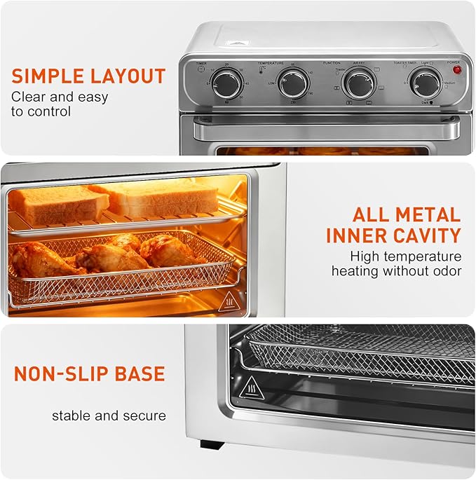 OLIXIS Air Fryer Toaster Oven Combo Extra Large, 26.4QT Convection Oven Countertop 4 Functions in 1, 4 Accessories Included, Stainless, Up to 450°F