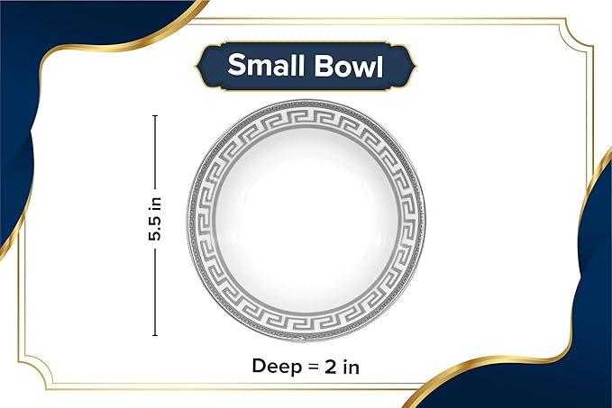 48 Piece Porcelain Dinnerware Sets for 12 ??Plates and Bowls ??White with Silver Greek Key Design Dish Set for Kitchen Table, Everyday Dining or Formal Occasions (Meander Silver)