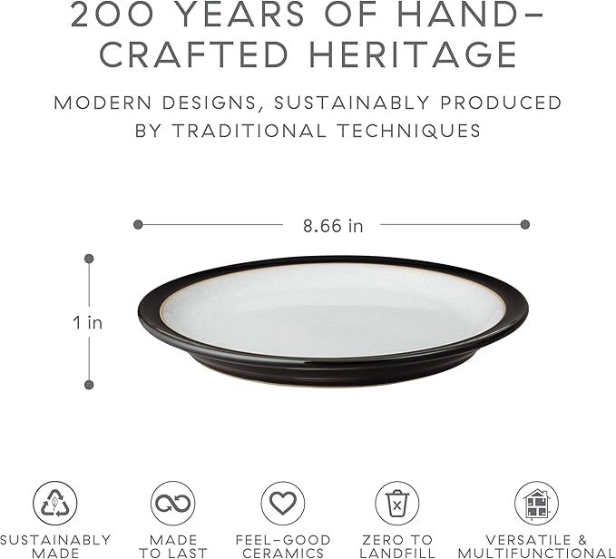 Denby - Elements Black Medium Plates Set of 4 - Contemporary Design with Black Detail - Ceramic Stoneware Tableware - Dishwasher & Microwave Safe - 8.6in Scratch Resistant Everyday Lunch, Salad Plates