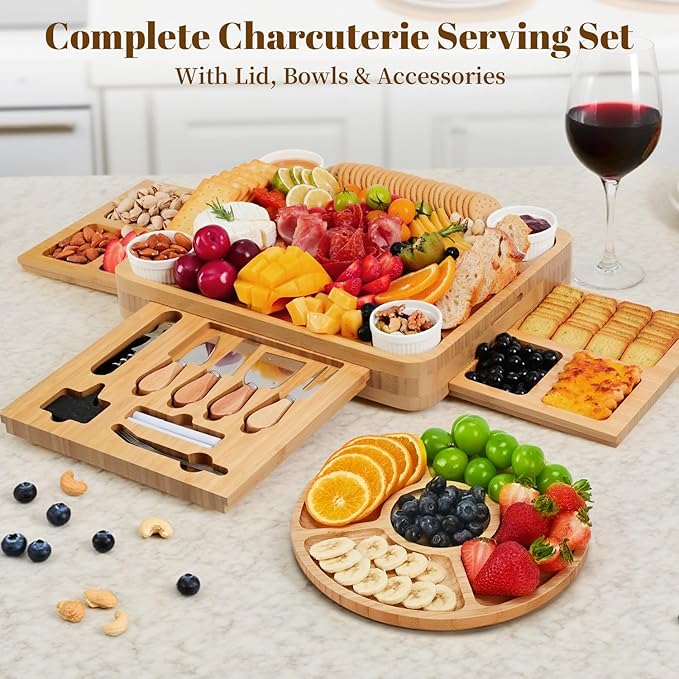 Charcuterie Board with Lid ??Large Bamboo Cheese Board Set with Utensils & Drawers ??Housewarming, Wedding Gifts for Couples, Serving Tray with Cover (Black)