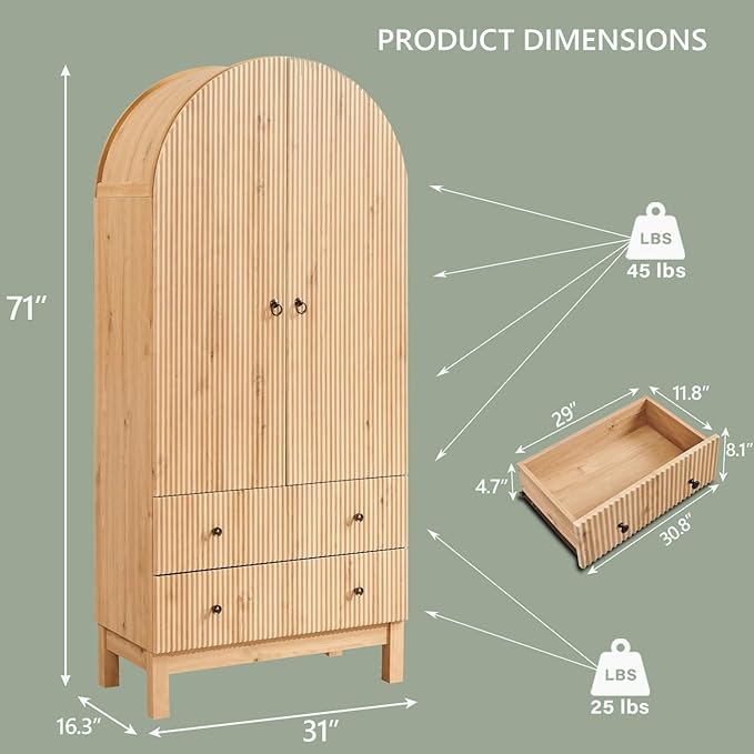 Fluted Arched Pantry Cabinet, 71" Tall Kitchen Storage Pantry Cabinet with Adjustable Shelves and 2 Large Drawers, Freestanding Morden Versatile Cupboard for Living Room, Bathroom, Natrual