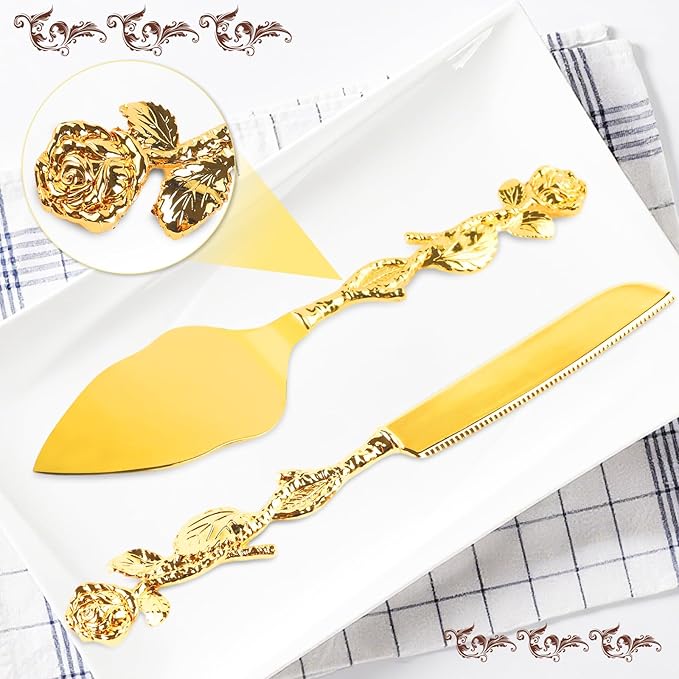 2 PCS Gold Cake Cutting Set, Wedding Cake Knife and Server Set, Vintage Engraved Cake Cutter and Serving Spatula for Wedding, Birthday, Anniversary, Party