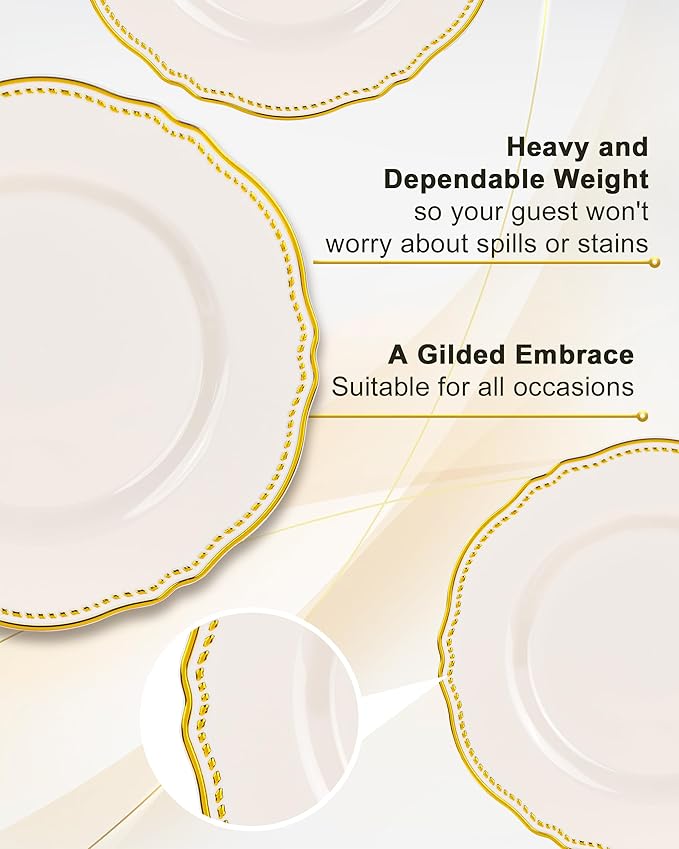 Hioasis 60PCS Ivory Plastic Plates - Ivory and Gold Disposable Dinnerware with Gold Rim, Heavy-duty, 10 inch, Dinner Plates for Party & New Year
