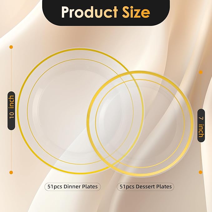Lullaby 102PCS Clear Plastic Plate with Gold Rim, Includes 51pcs Dinner Plates 10??and 51pcs Dessert Plates 7?? Disposable Elegant Plate for Thanksgiving, Party and Wedding