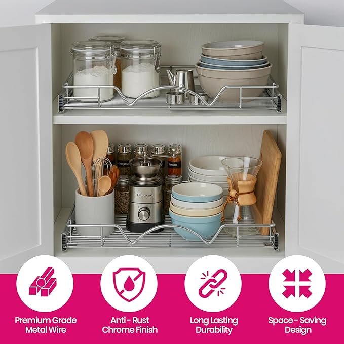 HOLDN??STORAGE Pull Out Cabinet Organizer, Heavy Duty Caddy w/Lifetime Limited Warranty -24?쓂 x 21?쒭 - Requires At Least 25-1/4??Cabinet Opening, Steel Metal Cabinet Drawers Slide Out, Chrome