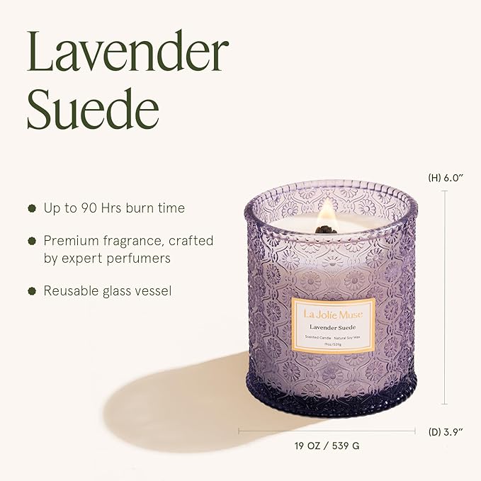 LA JOLIE MUSE Lavender Suede Candle ??Eucalyptus, Lavender & Sandalwood 19 oz Large Wooden Wick Candle | Natural Soy Wax | 90 Hours Clean Burn | Aromatherapy Candle for Relaxation