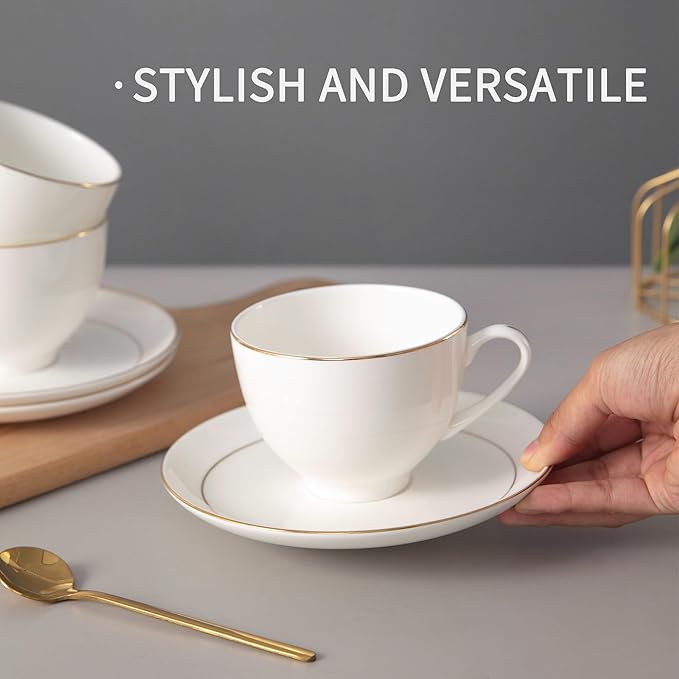 Bone China Tea Cups and Saucers Set (7 oz, Set of 4) ??White Luxury Fine Porcelain Mugs for Tea, Coffee, Latte Art, Barista Use, Elegant Gifting