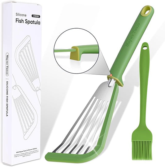 Fish Spatula,600??Heat Resistant Silicone Fish Spatula with Basting Brush,for Nonstick Cookware,Flexible Slotted Fishs Turner Spatulas,BPA Free,Dishwasher Safe(Green)