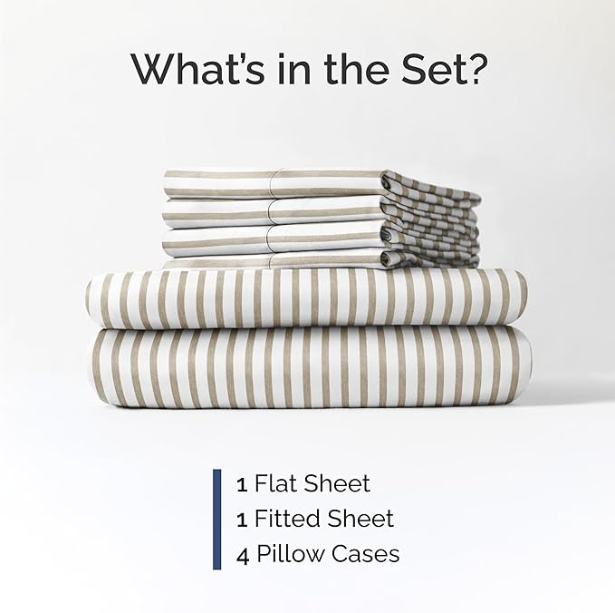 Queen 6 Piece Sheet Set - Cooling & Breathable Bed Sheets - Hotel Luxury Bed Sheets for Women, Men, Kids & Teens - Bedding w/Deep Pockets & Easy Fit - Soft & Wrinkle Free - Queen Beige Stripes Sheets
