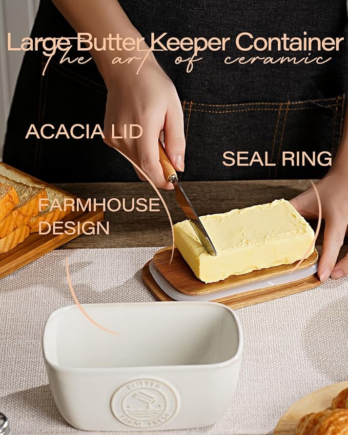 Getstar Ceramic Butter Dish with Acacia Lid for Countertop, Silicone Sealing, Farmhouse Kitchen Counter Decor, Large Butter Keeper Container (6.5?쓝4??