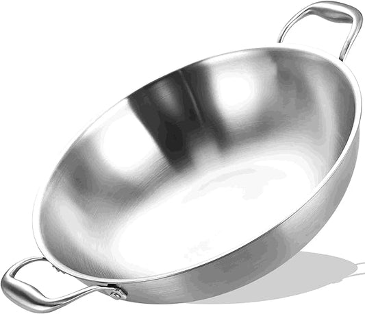 LOLYKITCH 14.5 Inch Tri-Ply Stainless Steel Chef's Wok Pan,Deep Stir-Fry Pan,Jumbo Cooker,Induction Cooking Pot,Dishwasher and Oven Safe