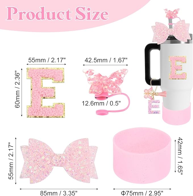 uxcell 8Pcs Cup Accessories Set for Cup Tumbler with Handle, Including Silicone Straw Cover, Boot, Spill Proof Stopper, Handle Charm, Initials Sticker(Letter E, Pink)