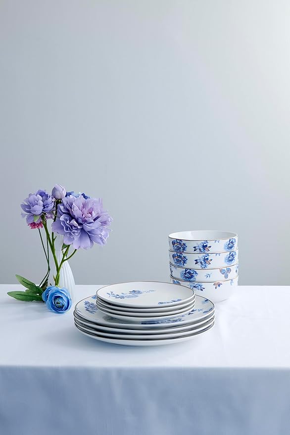 Stone Lain Viola 24-Piece Dinnerware Set Porcelain, Plates and Bowls Set, Dish Set for 8, Microwave and dishwasher Safe, Blue
