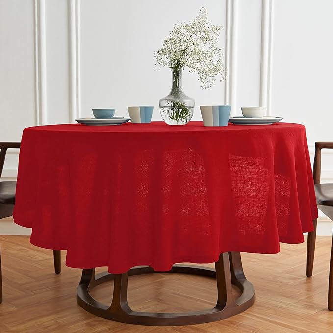 Solino Home Linen 60 Inch Round Tablecloth - 100% Pure Linen Red Round Tablecloth - Machine Washable Table Cloth for Valentines - Sonoma