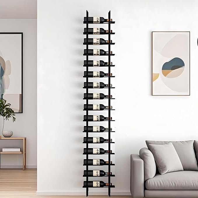 Wall Mounted Wine Rack, H 94.49inch, 16 Rows, Black 16 Bottle Wine Cellar Racks, Metal Wine Bottle Holder for Home Bar, Wine Kitchen Storage (Black, 1 Column竊?6 Bottles竊?