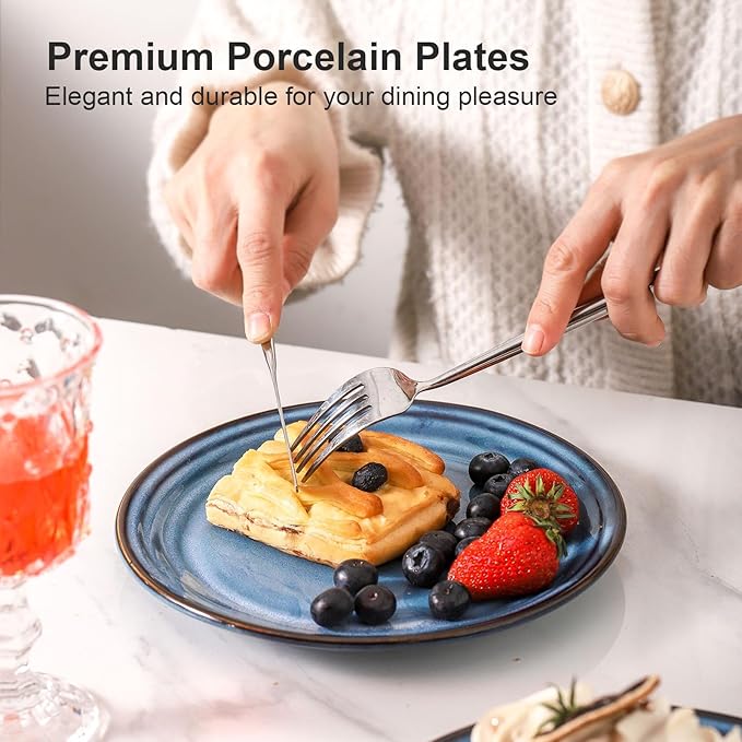 HASENSE Salad Dessert Plates, 8 Inch Ceramic Dinner Plate Set of 6, Small Round Serving Dishes for Appetizer, Fruit, Cake, Snack, Blue Reactive Glaze Kitchen Gift, Microwave Dishwasher Safe