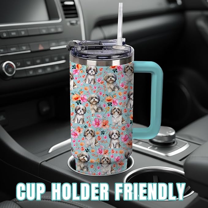 Yogusut Shih Tzu Gifts for Women, 40oz Stainless Steel Insulated Tumbler Travel Mug Cup with Handle Straw, Gifts for Dog Mom Dog Lover