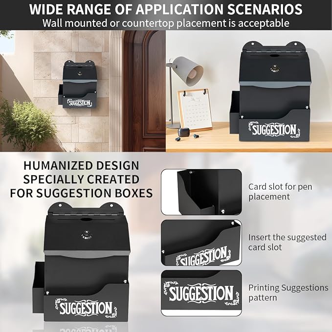 Metal Suggestion Box with Suggestions Lettering, Wall-Mounted&Tabletop With Lock Pen Holder Suggestion Cards*50pcs for Fundraising Comment Voting Prayer Money Drop Donation 8.46횞5.9횞6.96"