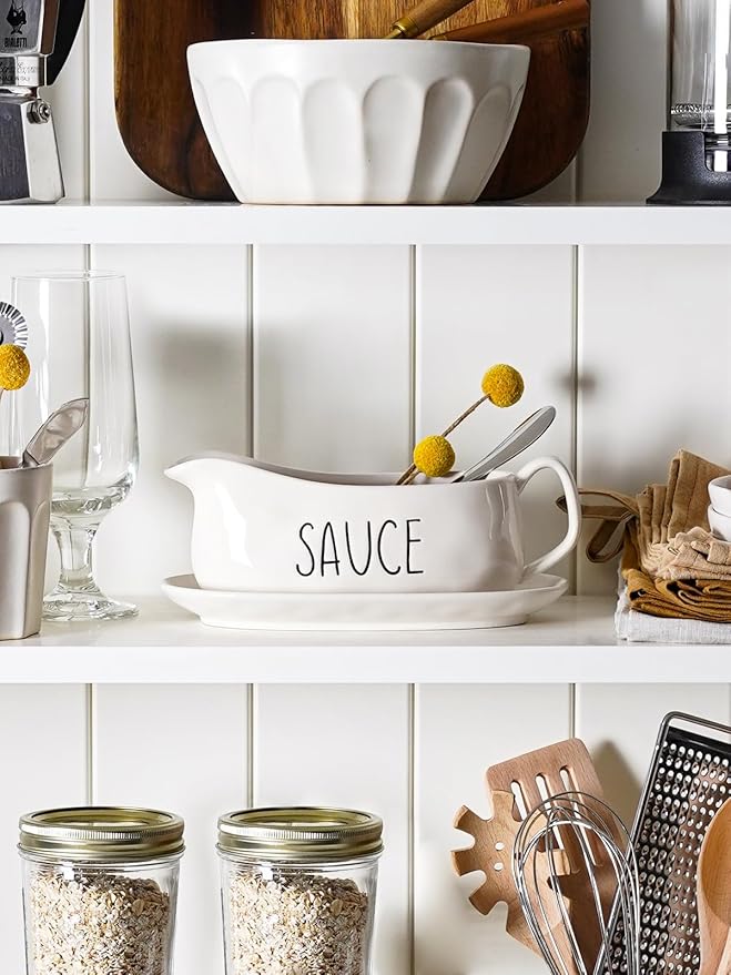 LE TAUCI Gravy Boat with Saucer Stand 16oz, Ceramic Sauce Boat with Tray for Salad Dressings, Creamer, Broth, Black Pepper- Set of 2, Oyster White
