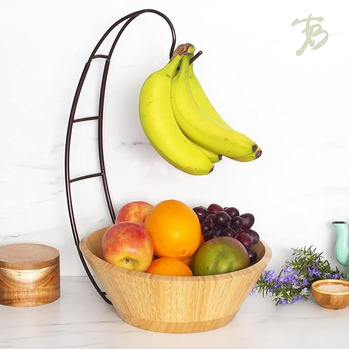 Totally Bamboo Fruit Basket Bowl with Banana Holder Hanging Hook, Bamboo Wood Fruit Bowl for Kitchen Counter