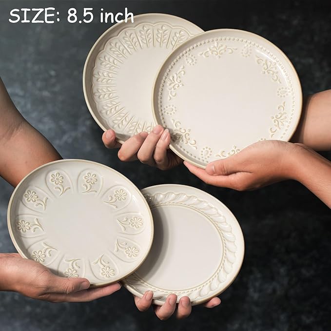 Artena Salad Plates Set Of 4, 8.5 Inch Embossed Ceramic Dinner for Appetizer Dessert, Kitchen Plates With Lipped Edges, Microwave Oven Dishwasher Safe (Willow Leaf)
