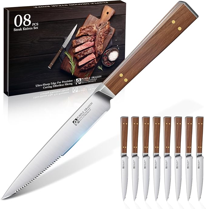 Purple Dragon Serrated Steak Knives Set of 8-4.7 Inch Dinner Knife High Carbon German Steel Steak Knife Set with Square Wooden Handle - Effortless Cutting Christmas Gift for Men and Women