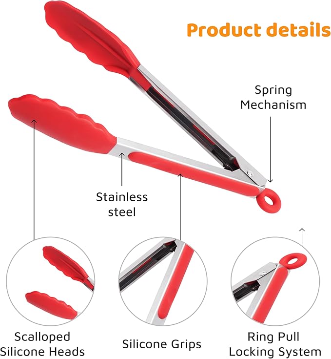 Popco 3 Piece Kitchen Tongs Set 7, 9, 12 Inch - Stainless Steel Nonstick Tongs with Silicone Tips - Heat Resistant and Dishwasher Safe for Cooking, Grilling, Salad, and Everyday Serving