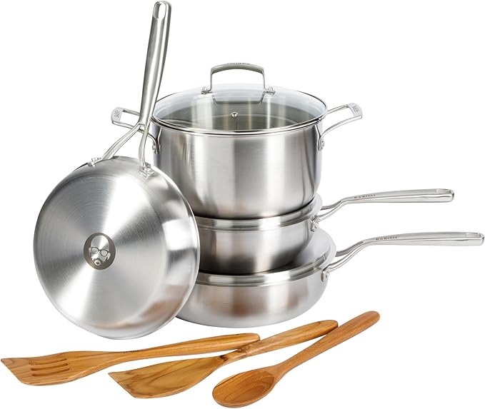Babish 10-Piece Professional Tri-Ply Non-Toxic Pots and Pans Cookware Set ??Durable, Even Heat Distribution for Cooking and Baking