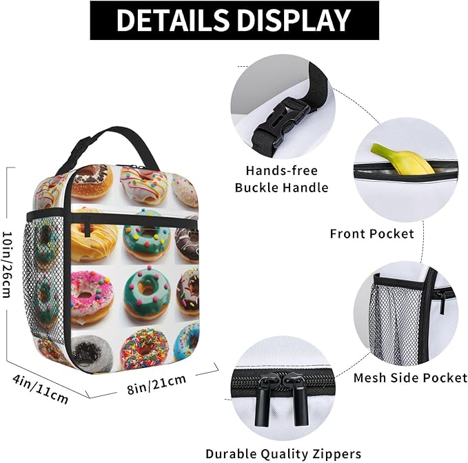 VANZEV Realistic Donut Pattern Insulated Lunch Box Gifts for Kids Adults Funny Colorful Sweet Food Design Reusable Portable Lunchbox Cooler Lunchbag for Work Picnic School Travel or Hiking