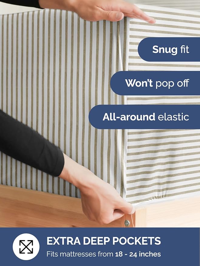 Extra Deep Pocket Twin XL Sheets - 3 Piece Breathable & Cooling Bed Sheets - Hotel Luxury Bed Sheet Set - Soft, Wrinkle Free & Comfy - Easily Fits Extra Deep Mattresses - Beige Striped Sheets Set