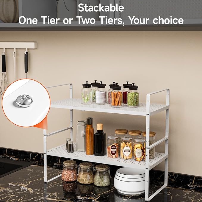 2Pack 16.5-27?쇺셂 Expandable Stackable Cabinet Shelves, Adjustable Spice Rack Cabinet Shelf Organizer for Kitchen, Countertop, Pantry and Cupboard, White
