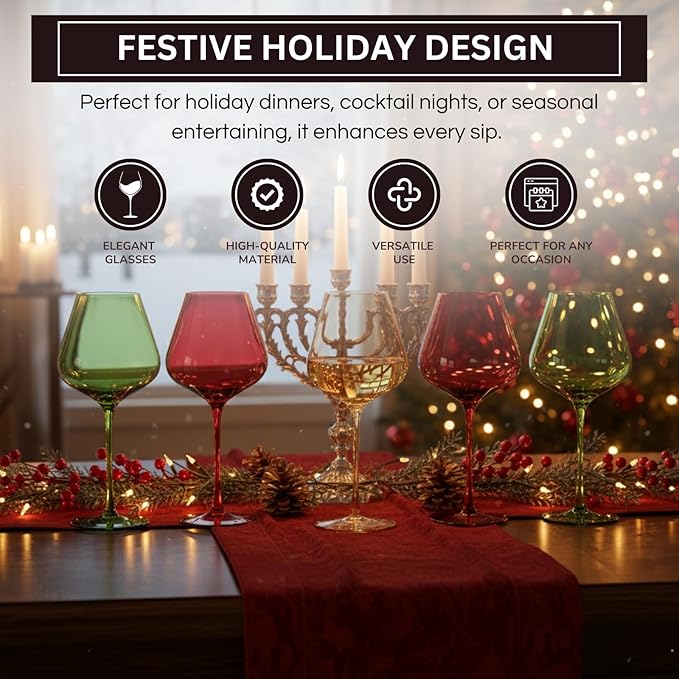 Khen Festive & Holiday Colored Wine Glasses Set of 5 In Luxurious Gift Box ??20oz Stemmed Goblets, Thanksgiving Dinner, Entertaining ??Wedding Red, Green & Gold Glassware for Party Celebrations