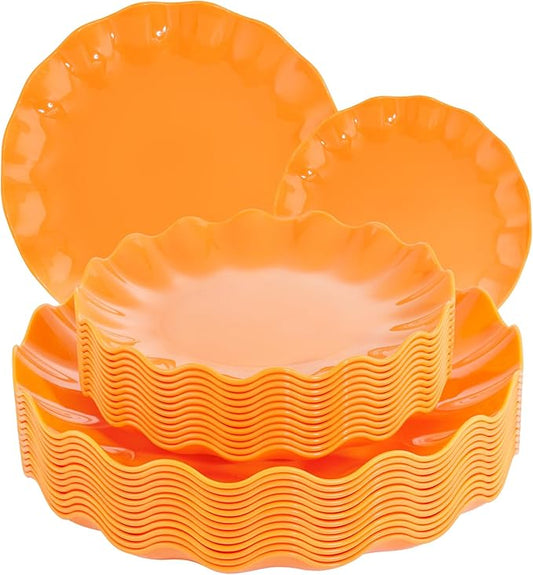 LIYH 24 Pcs Orange Plastic Plates Reusable Orange Plates Scalloped Plastic Plate for Holiday Party Dishwasher Safe Sturdy Reusable (12 Guests) Suitable for Holiday Gatherings