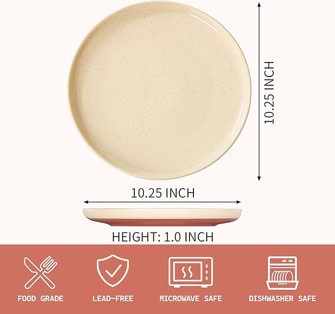 GZG Ceramic Dinner Plates Set of 4, 10.25 Inch Speckled Stoneware Plates with Clay-Tone Base, Large Ceramic Plates for Steak, Salad, Pizza, Microwave Oven Dishwasher Safe