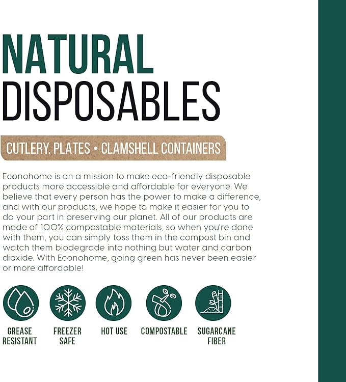 EconoHome 9 Inch Compostable Paper Plates - Eco-Conscious Disposable Plates Made of Bagasse or Sugarcane Fiber - Microwave, Refrigerator-Safe - Heavy Duty Paper Plates for Dinner - Case of 500