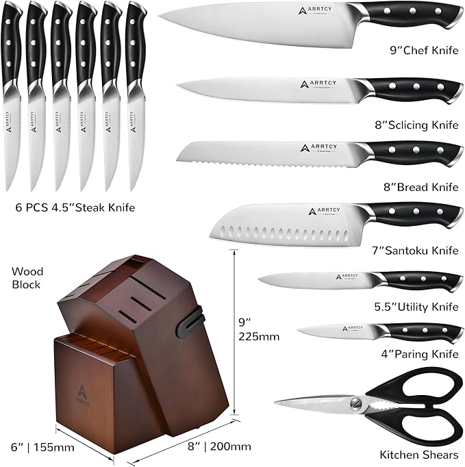 Knife Set with Block, Kitchen Knife Set 15-Piece with Sharpener - High Carbon Stainless Steel Dishwasher Safe Knives with Ergonomic Handles for Chef & Home