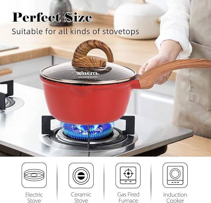 Nonstick Saucepan with Lid, 1.8 Quart Classic Red Granite Coated Pasta Soup Pot for All Stovetops, 7 Inch Small Sauce Pan for Cooking Sauce Soup and Milk